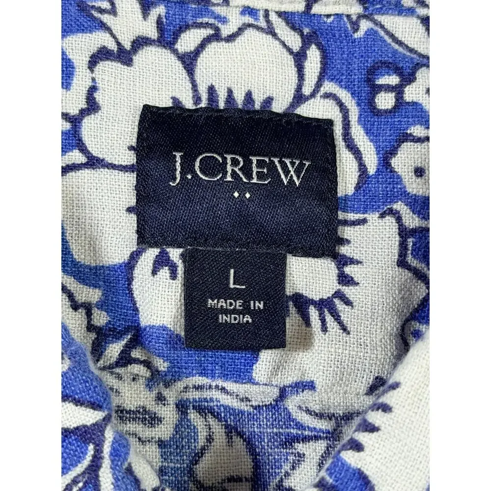 J Crew Men Large Blue White Linen Blend Short Sleeve Button Front Floral Shirt